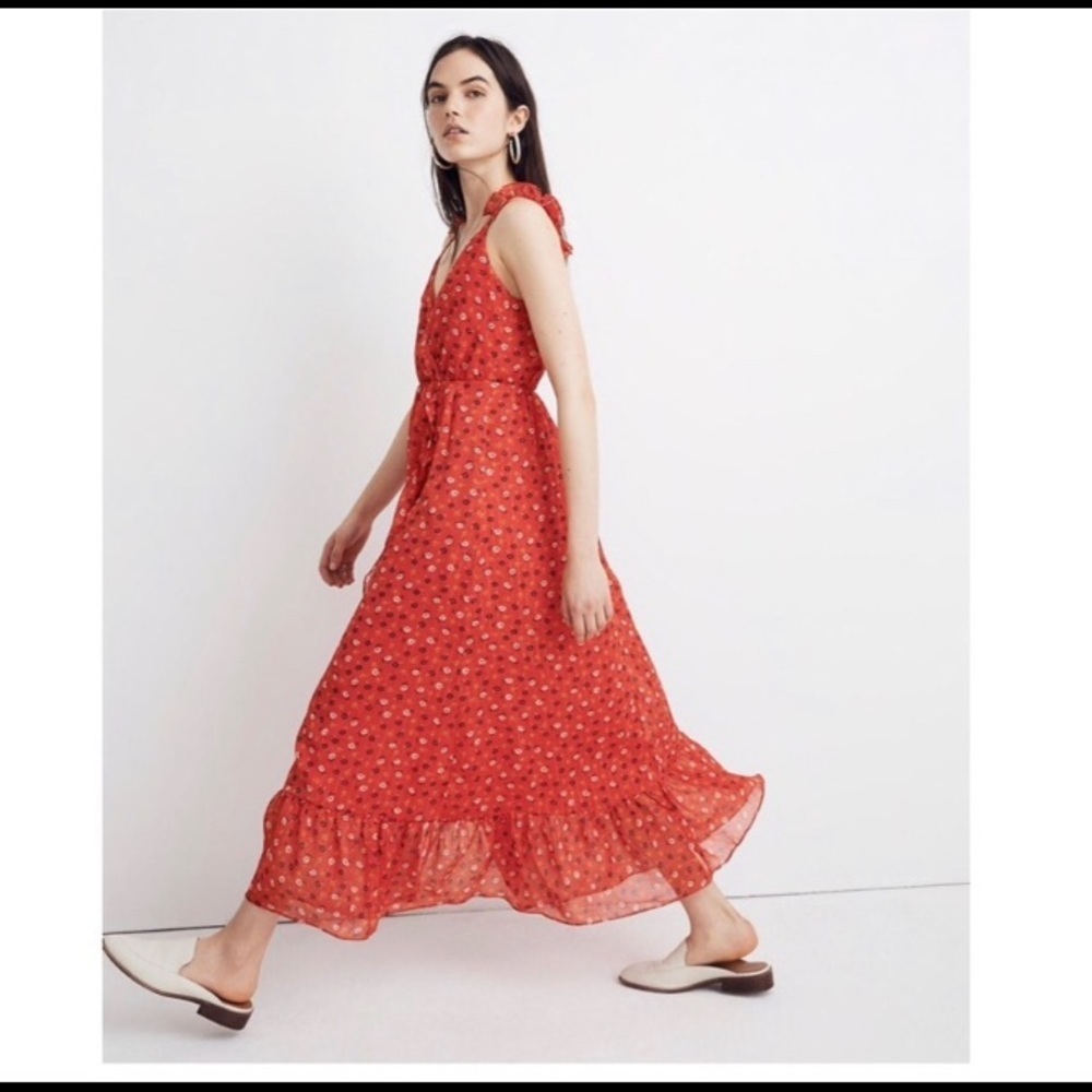 Madewell Ruffle-Strap Wrap‎ Dress in Metallic-Striped Prairie Posies Size 6